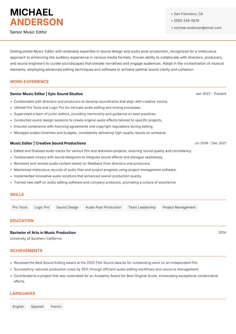Music Editor Resume Template