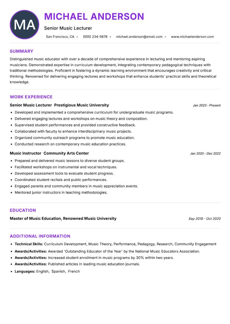 Music Lecturer Resume Preview Example
