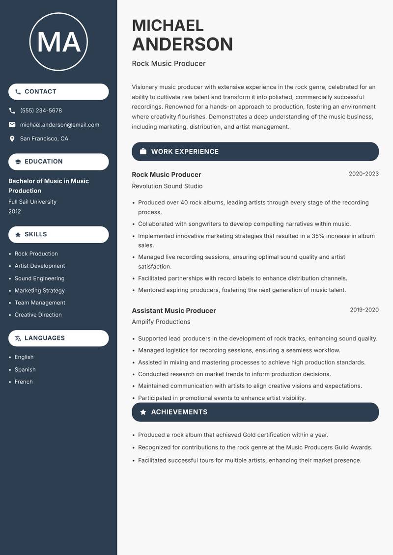 Music Producer Resume Preview Example