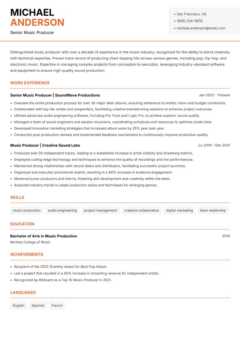 Music Producer Resume Template