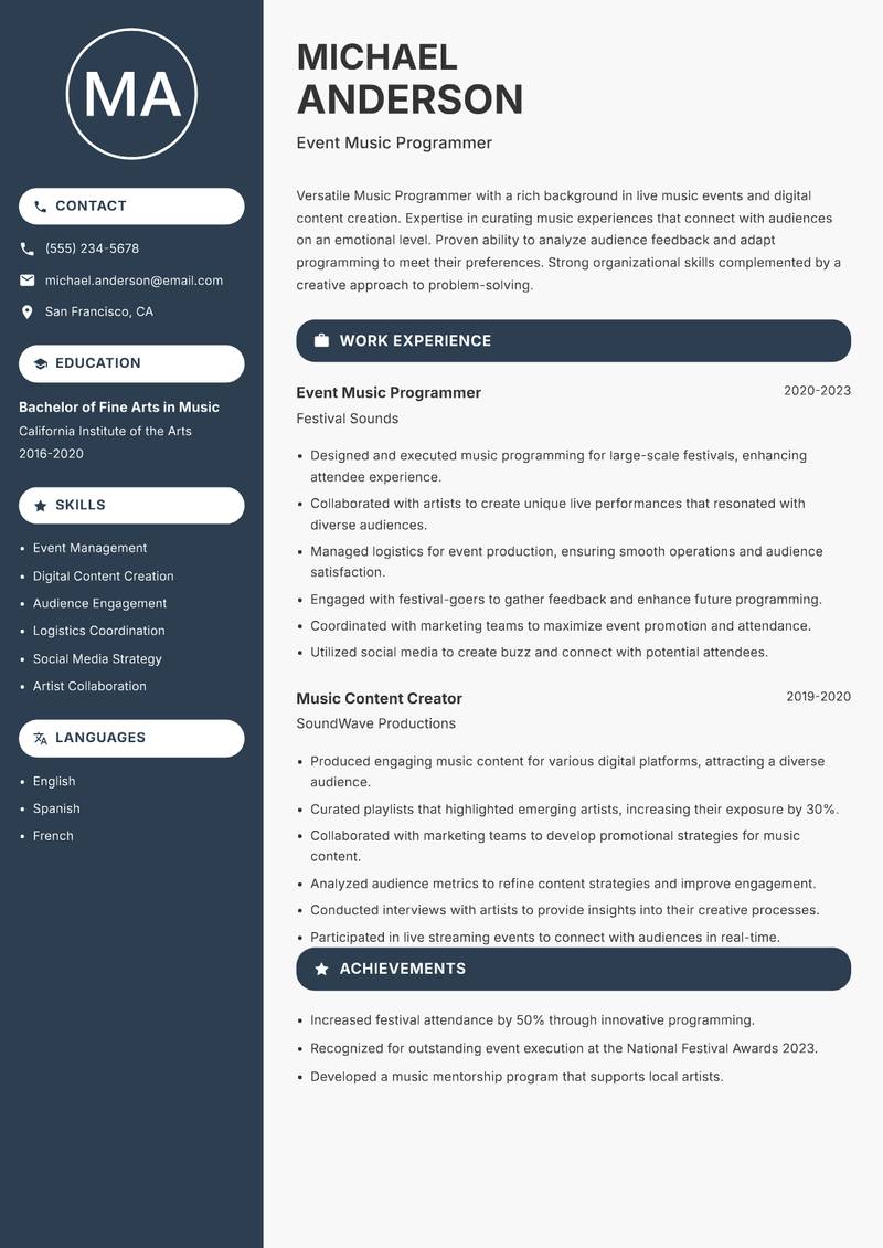 Music Programmer Resume Preview Example