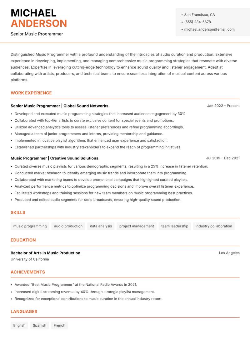 Music Programmer Resume Template