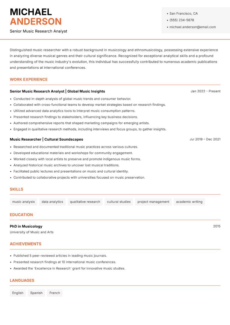 Music Researcher Resume Template