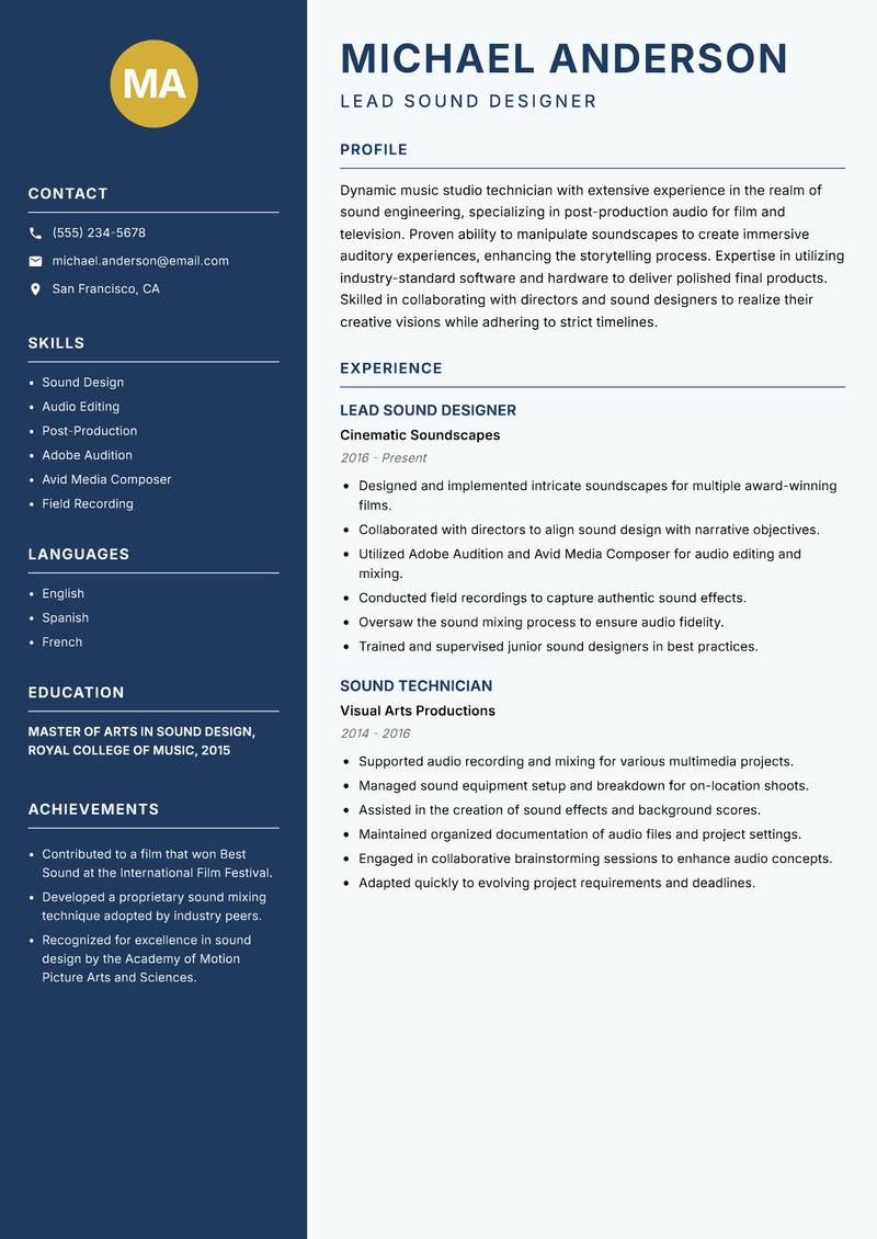 Music Studio Technician Resume Preview Example