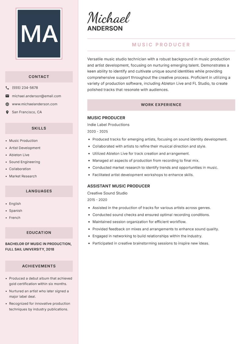 Music Studio Technician Resume Preview Example