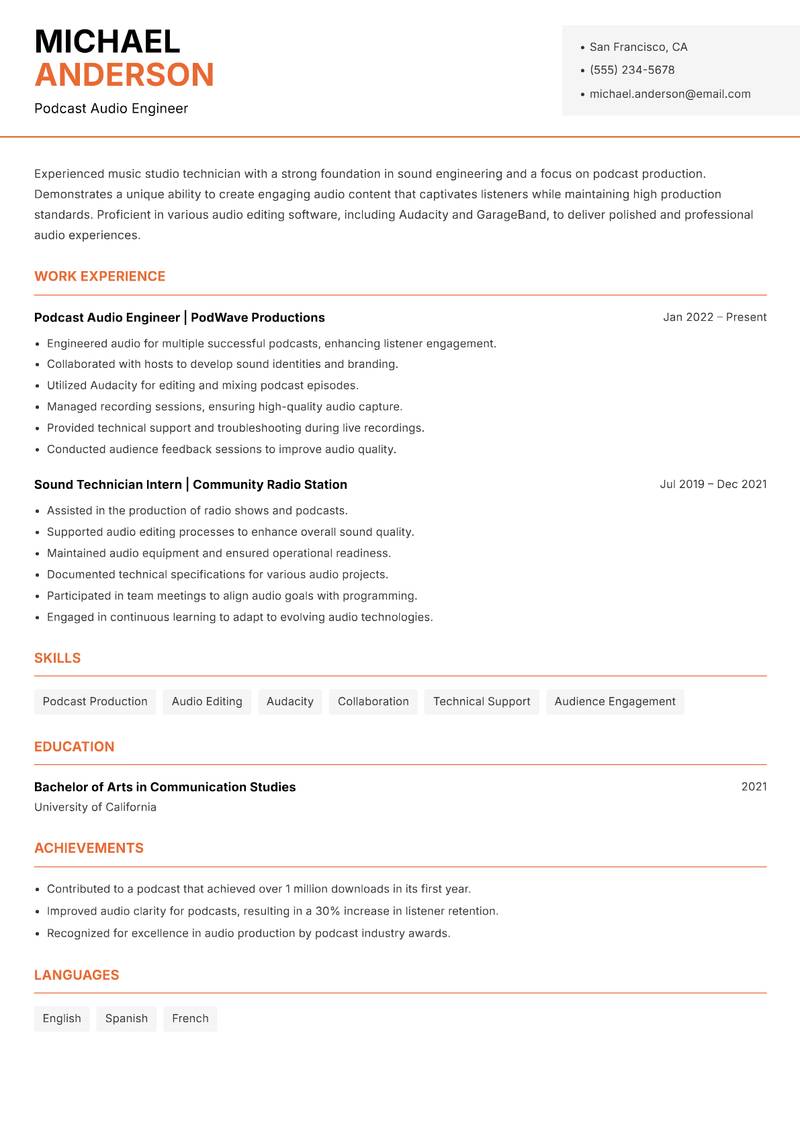 Music Studio Technician Resume Template