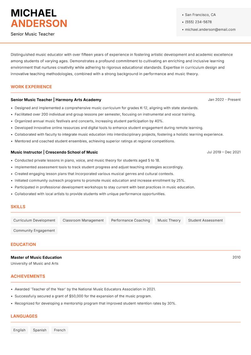 Music Teacher Resume Template