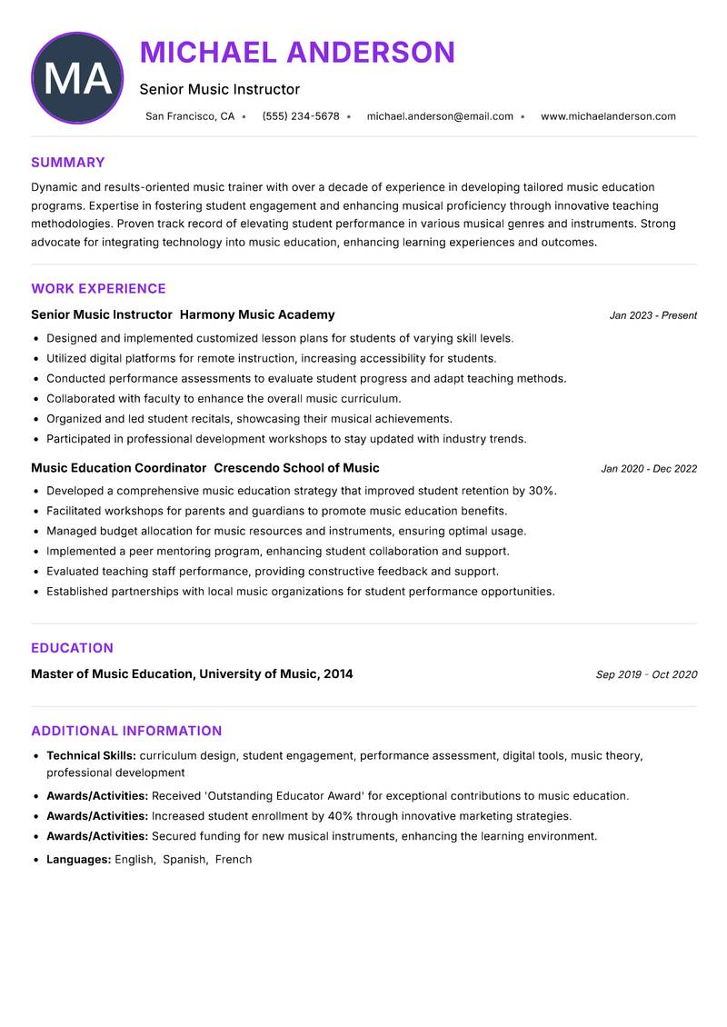 Music Trainer Resume Preview Example