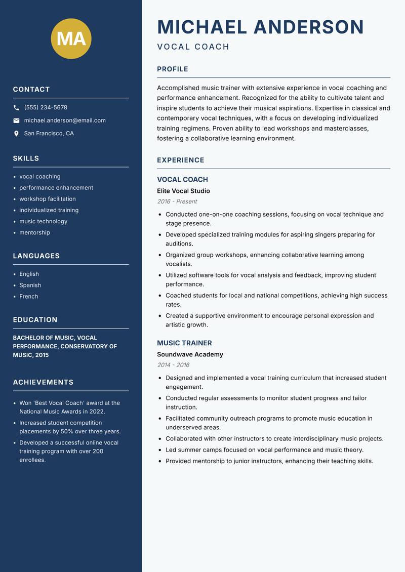 Music Trainer Resume Preview Example