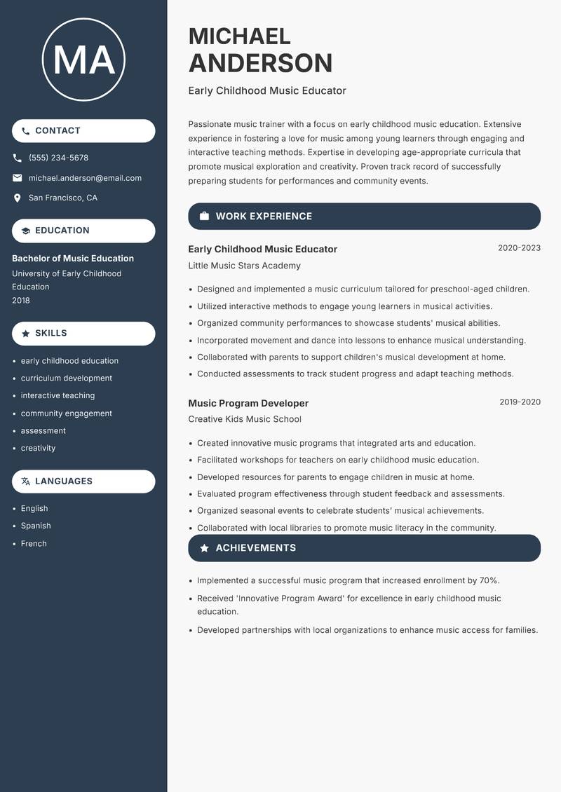 Music Trainer Resume Preview Example