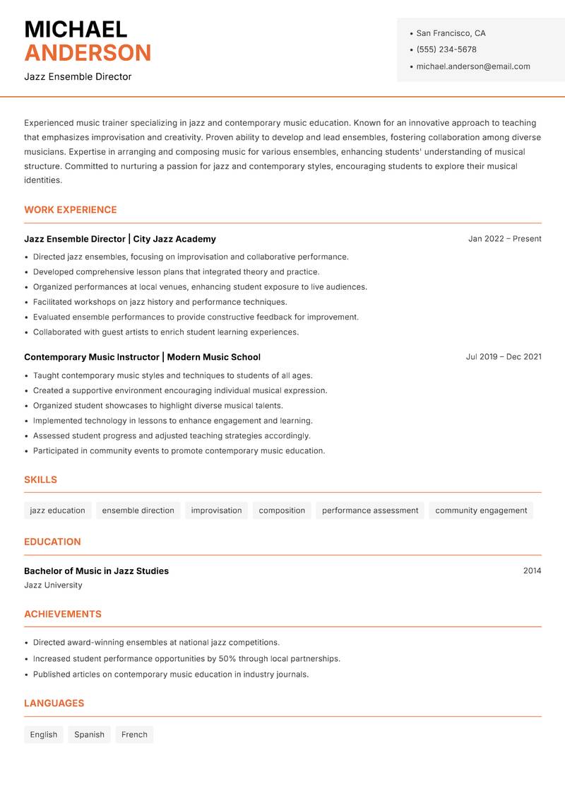 Music Trainer Resume Template
