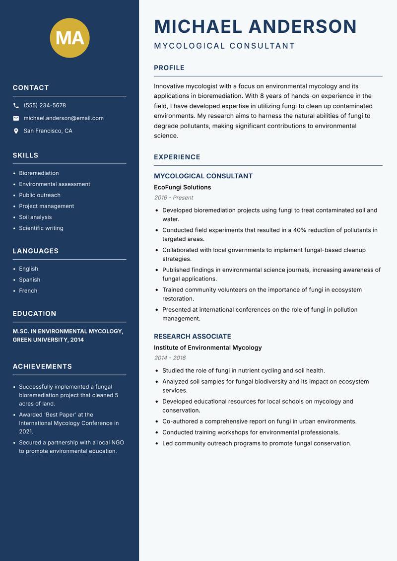 Mycologist Resume Preview Example