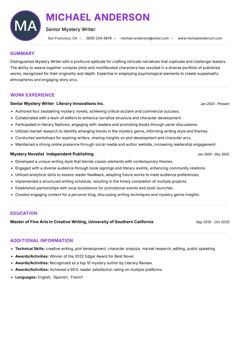 Mystery Writer Resume Preview Example