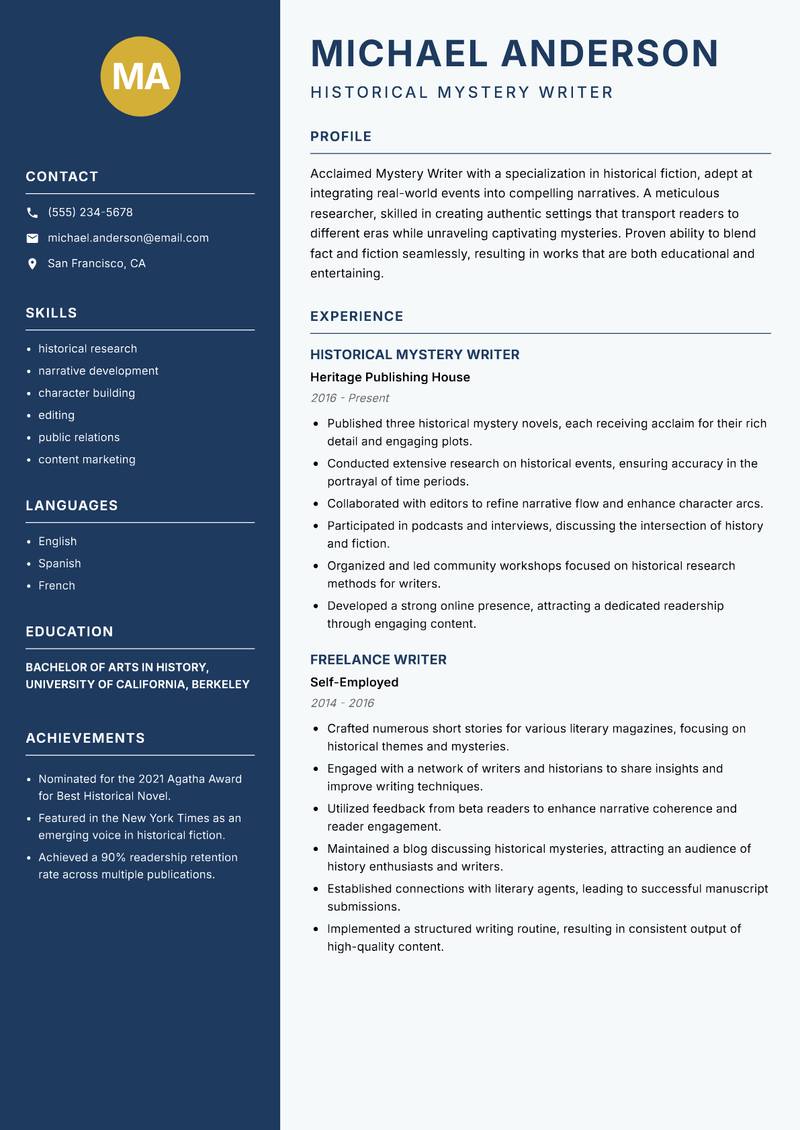 Mystery Writer Resume Preview Example