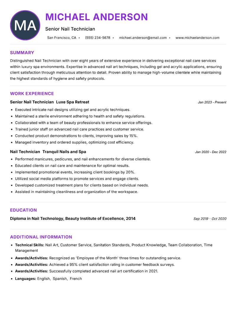 Nail Technician Resume Preview Example
