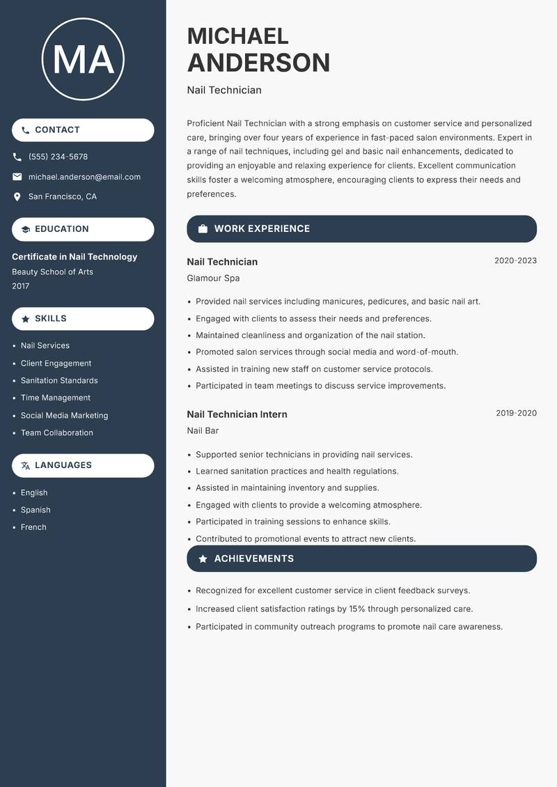 Nail Technician Resume Preview Example