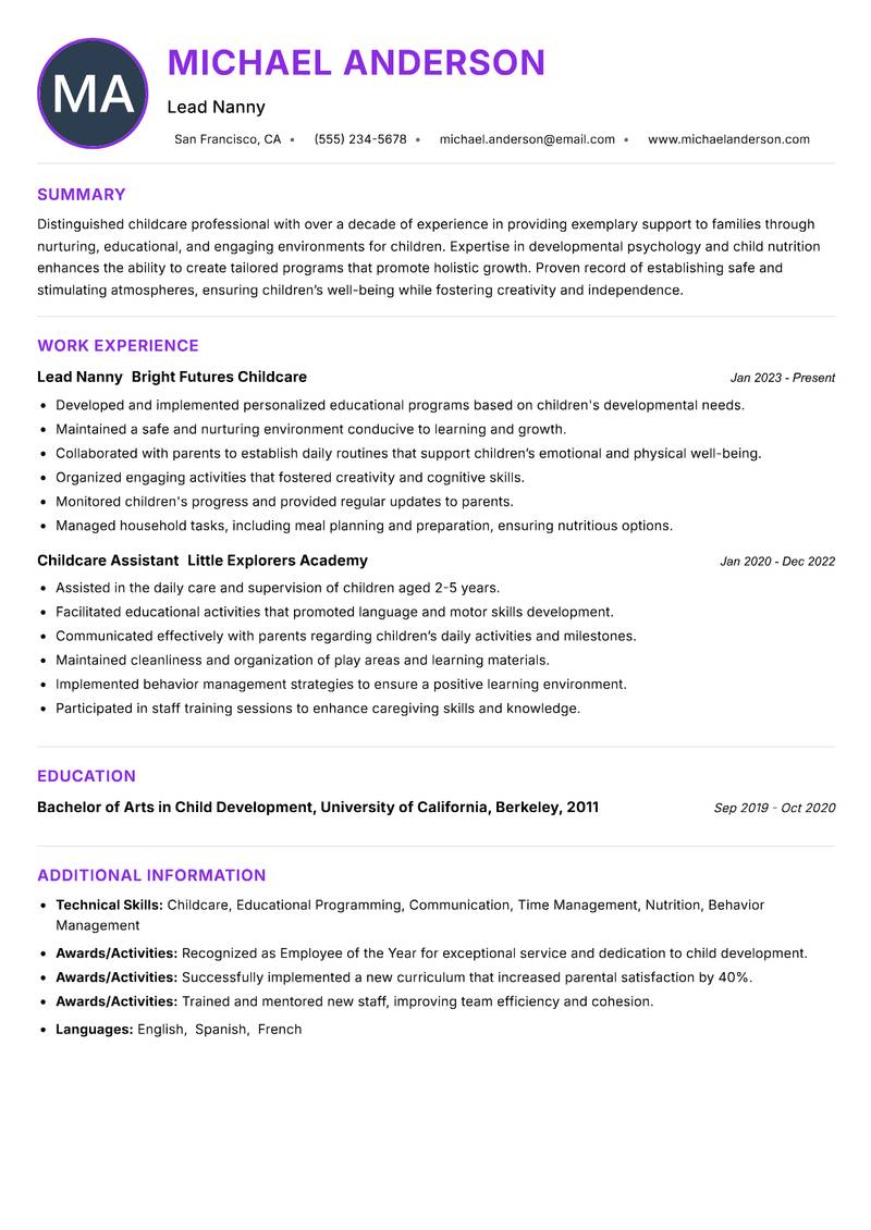 Nanny Resume Preview Example