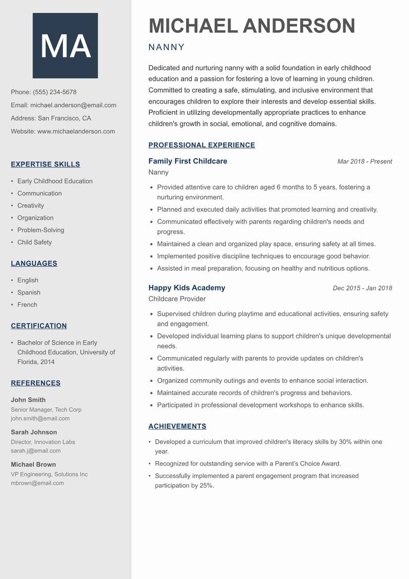 Nanny Resume Preview Example