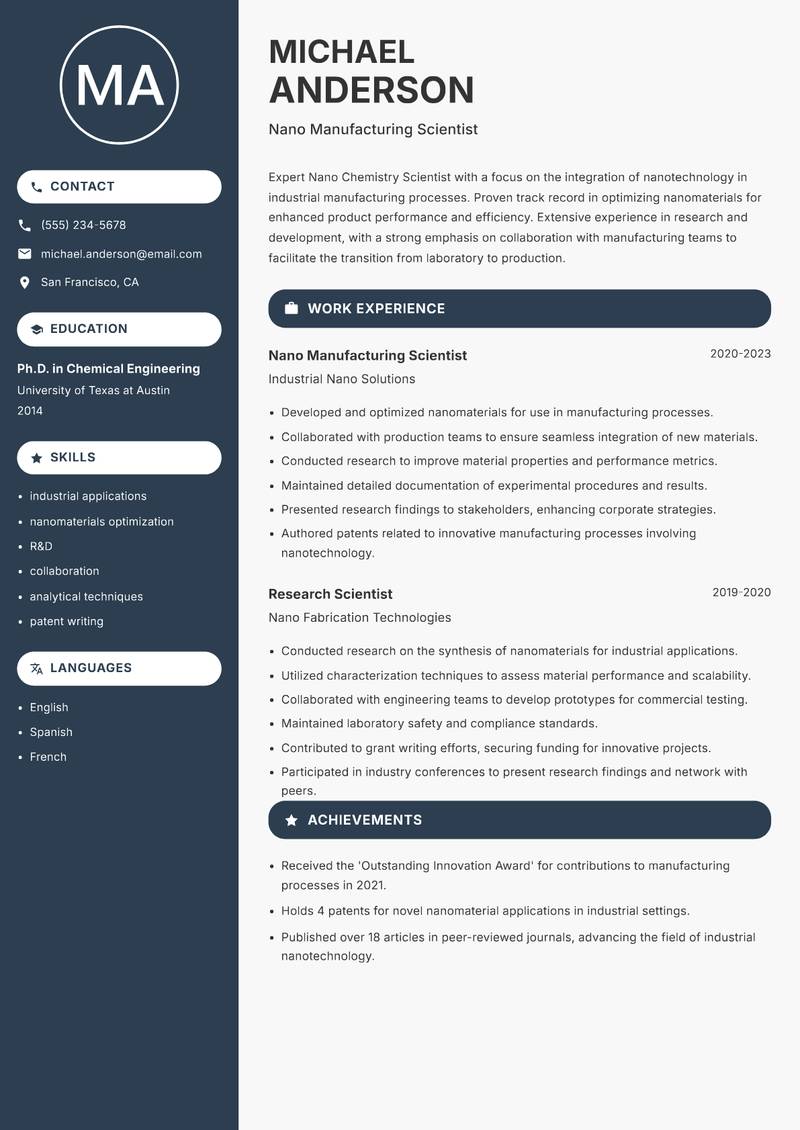 Nano Chemistry Scientist Resume Preview Example
