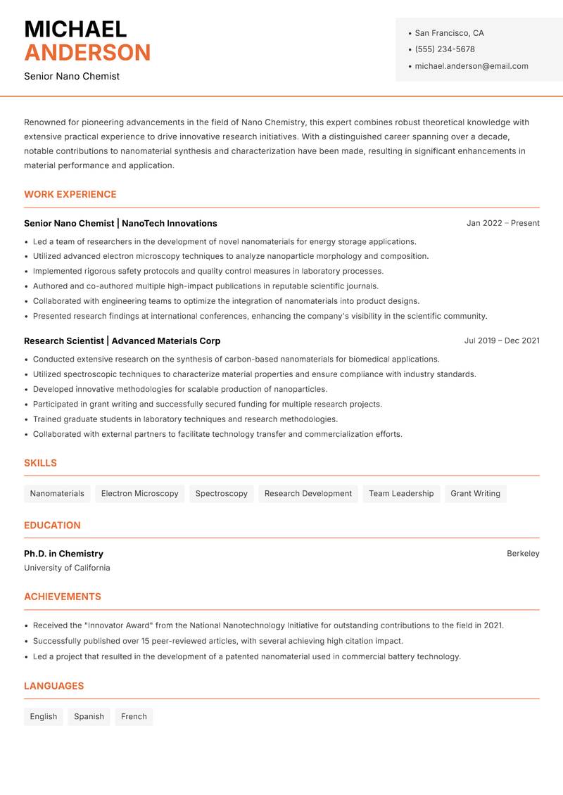 Nano Chemistry Scientist Resume Template