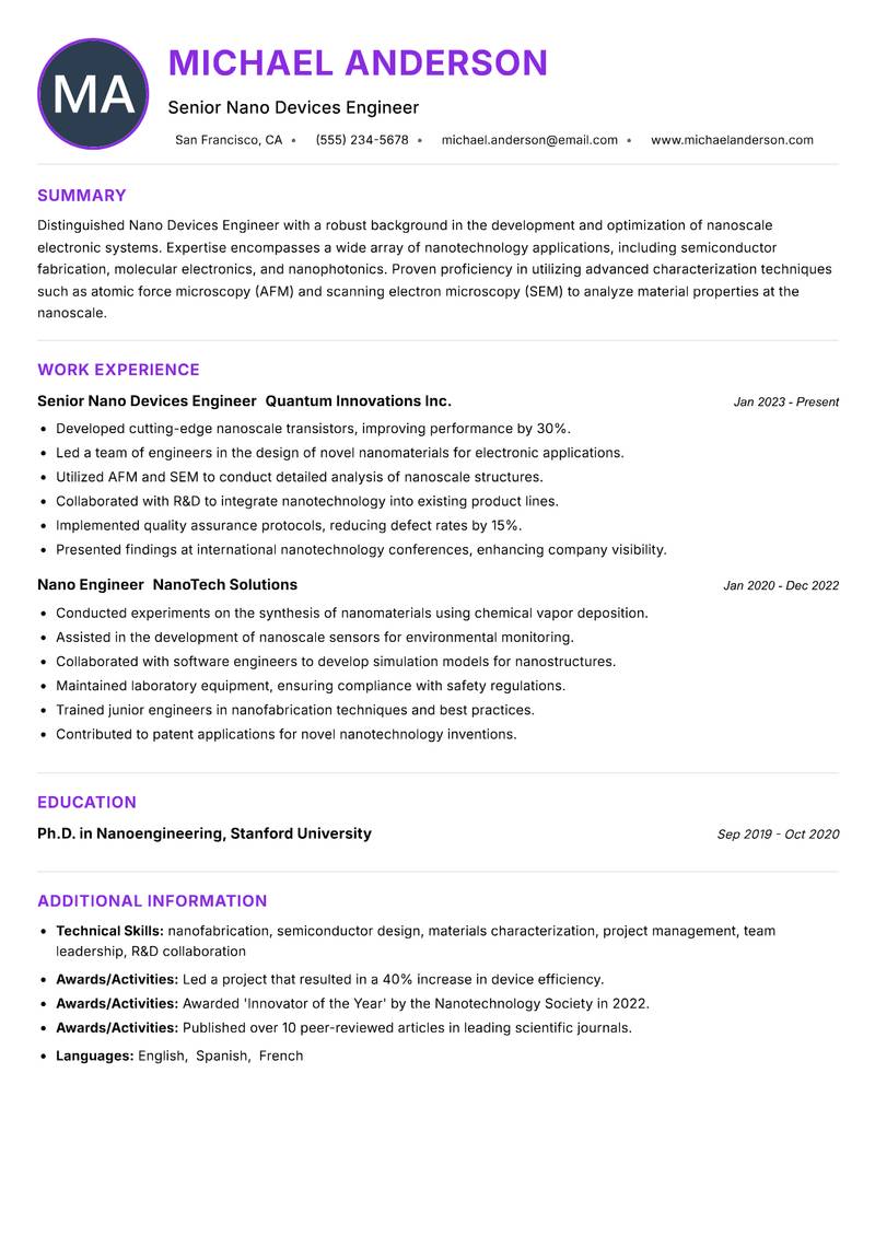 Nano Devices Engineer Resume Preview Example
