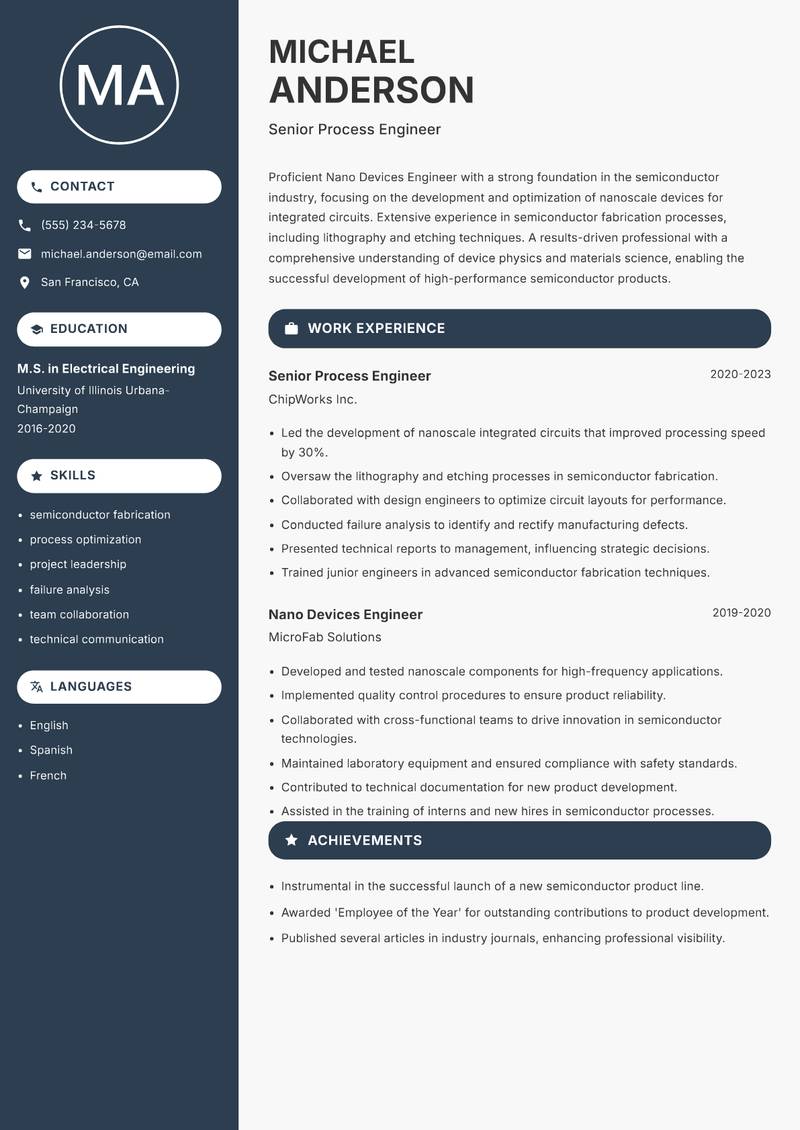 Nano Devices Engineer Resume Preview Example