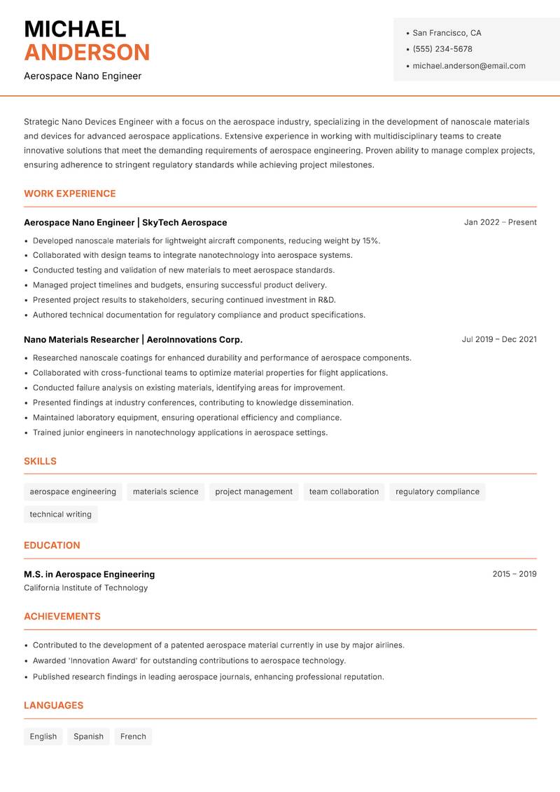 Nano Devices Engineer Resume Template