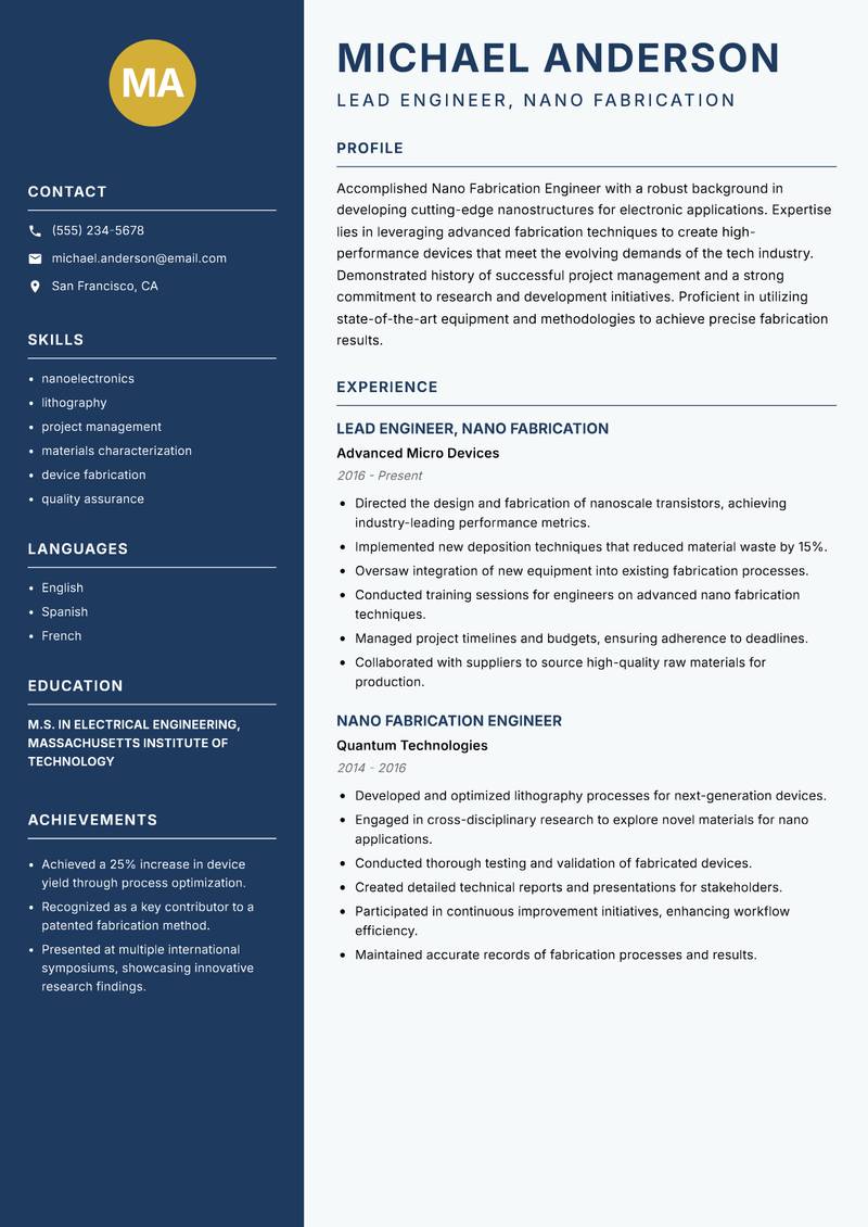 Nano Fabrication Engineer Resume Preview Example
