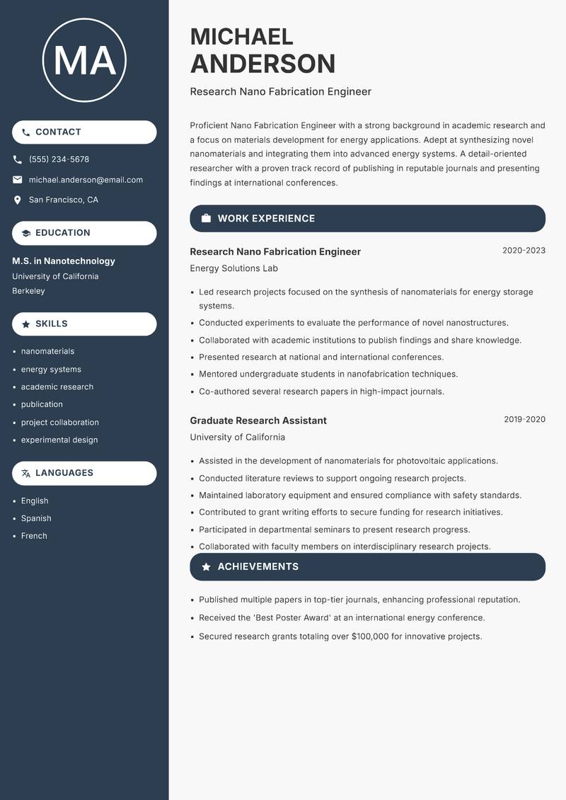 Nano Fabrication Engineer Resume Preview Example