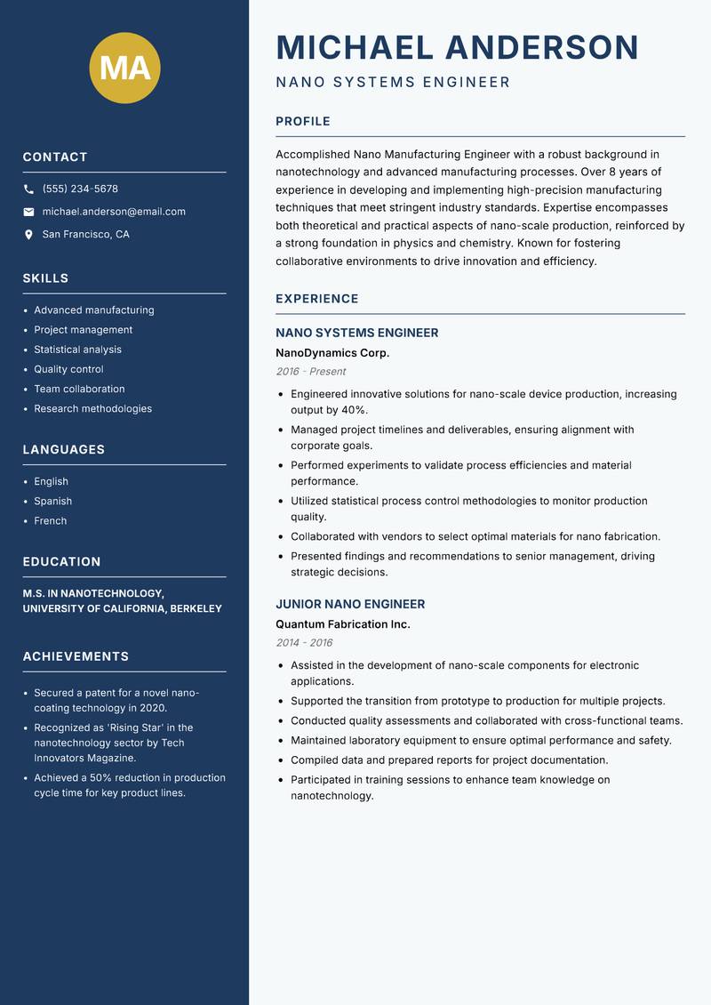 Nano Manufacturing Engineer Resume Preview Example