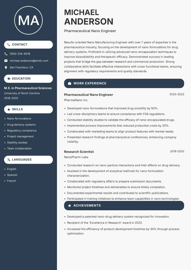 Nano Manufacturing Engineer Resume Preview Example