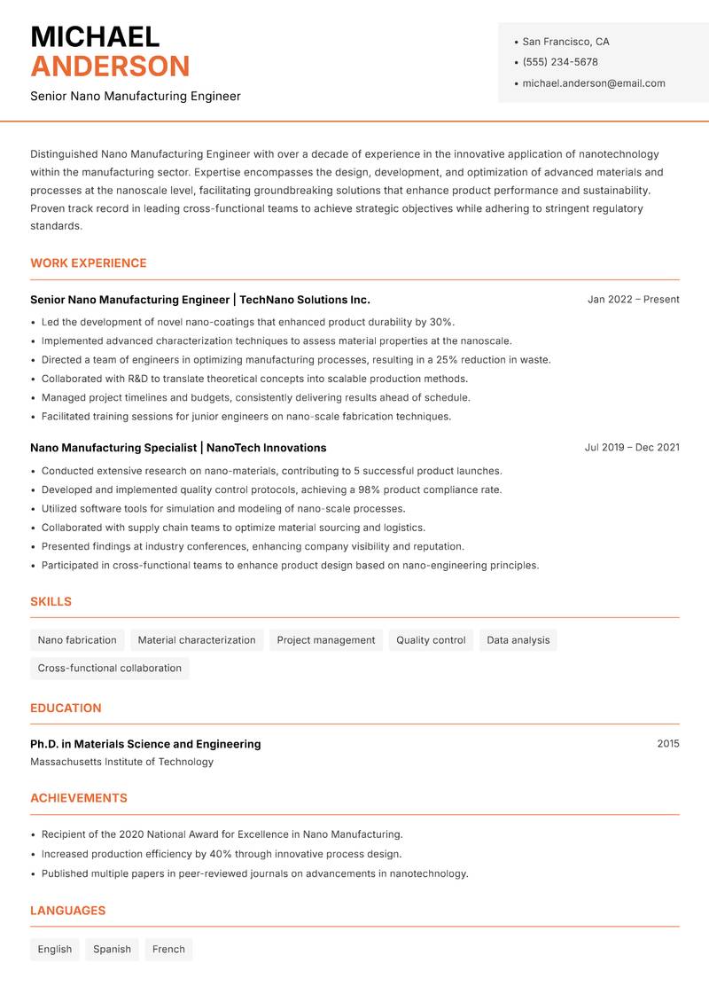 Nano Manufacturing Engineer Resume Template