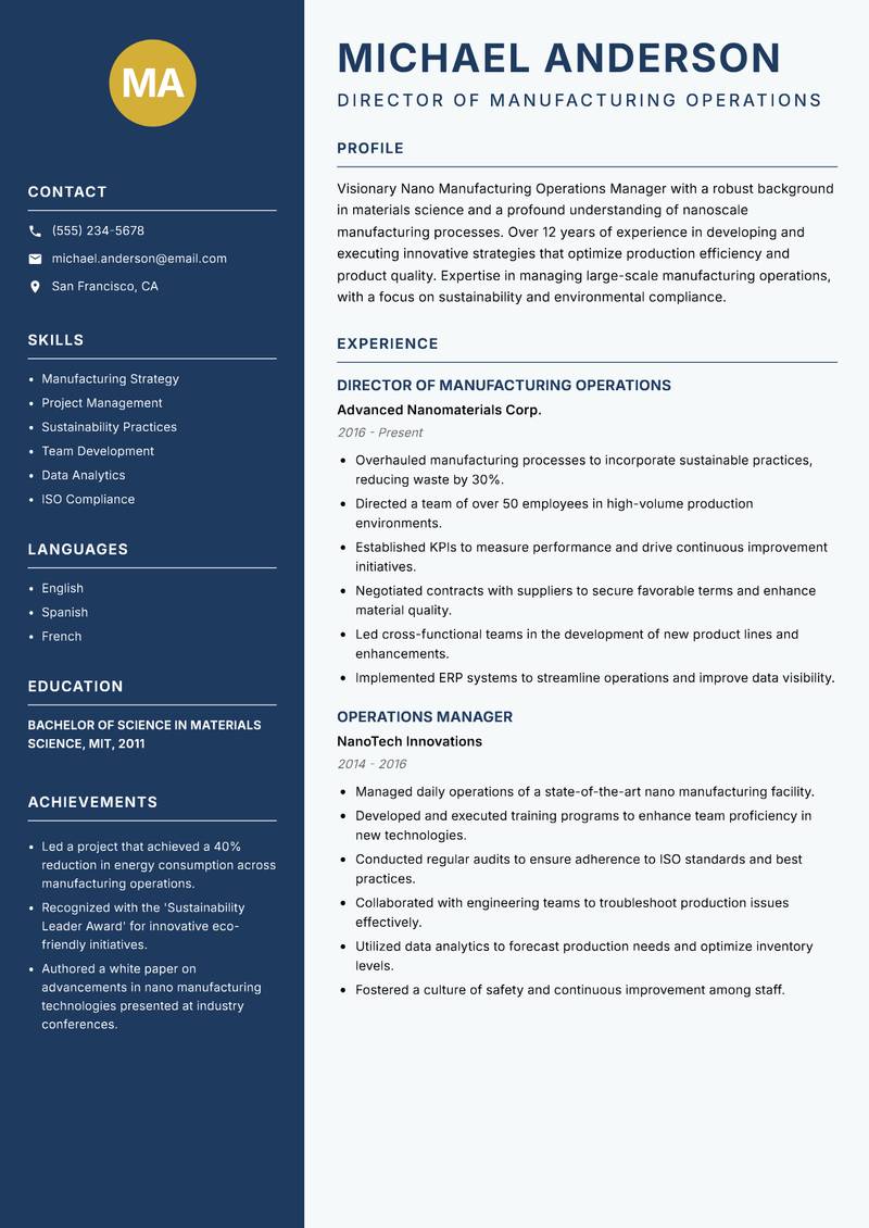 Nano Manufacturing Operations Manager Resume Preview Example
