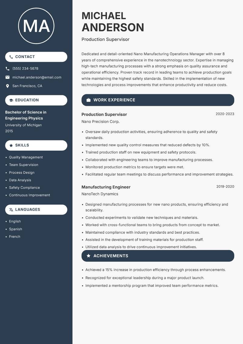 Nano Manufacturing Operations Manager Resume Preview Example