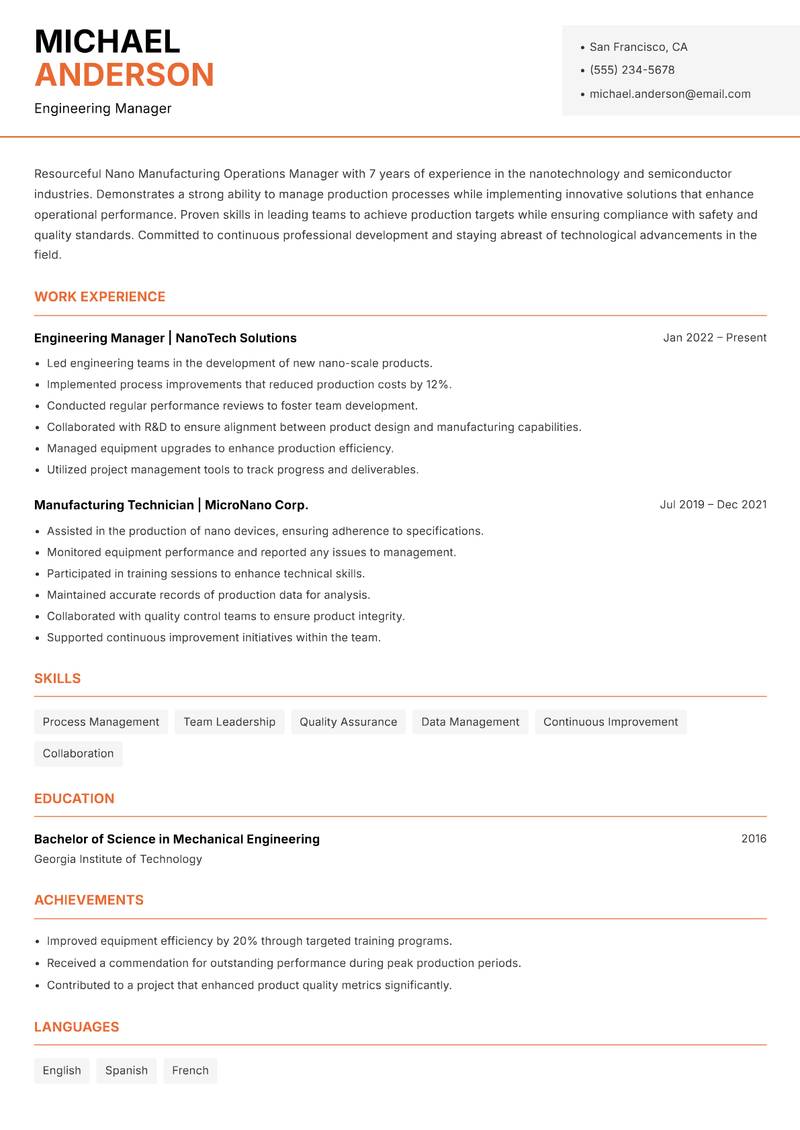 Nano Manufacturing Operations Manager Resume Template