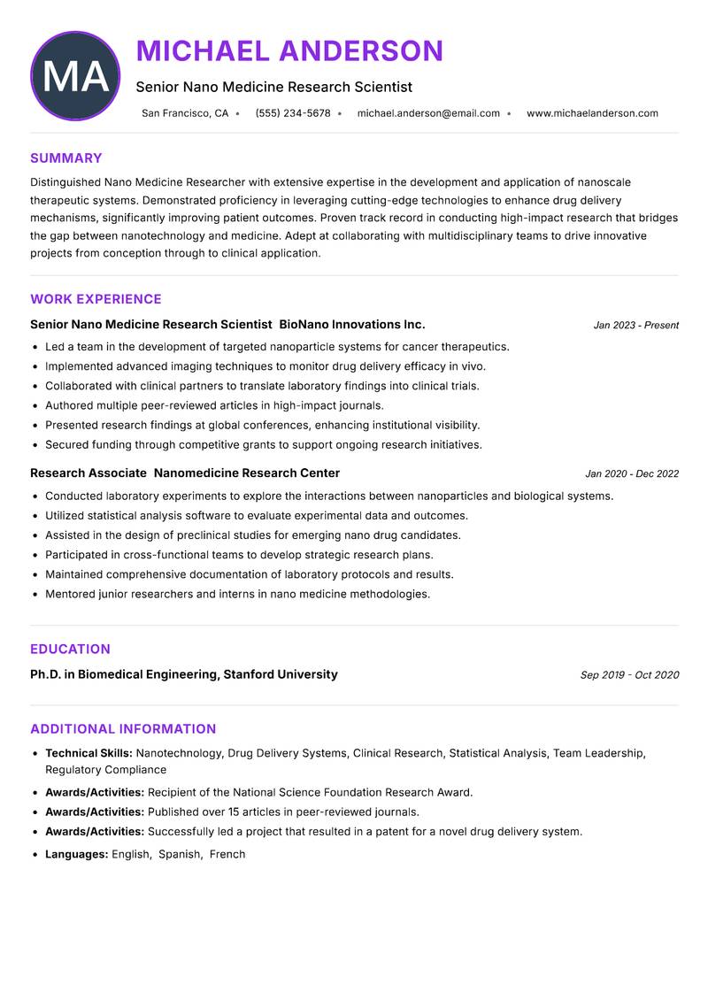 Nano Medicine Researcher Resume Preview Example