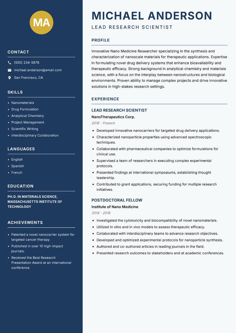 Nano Medicine Researcher Resume Preview Example