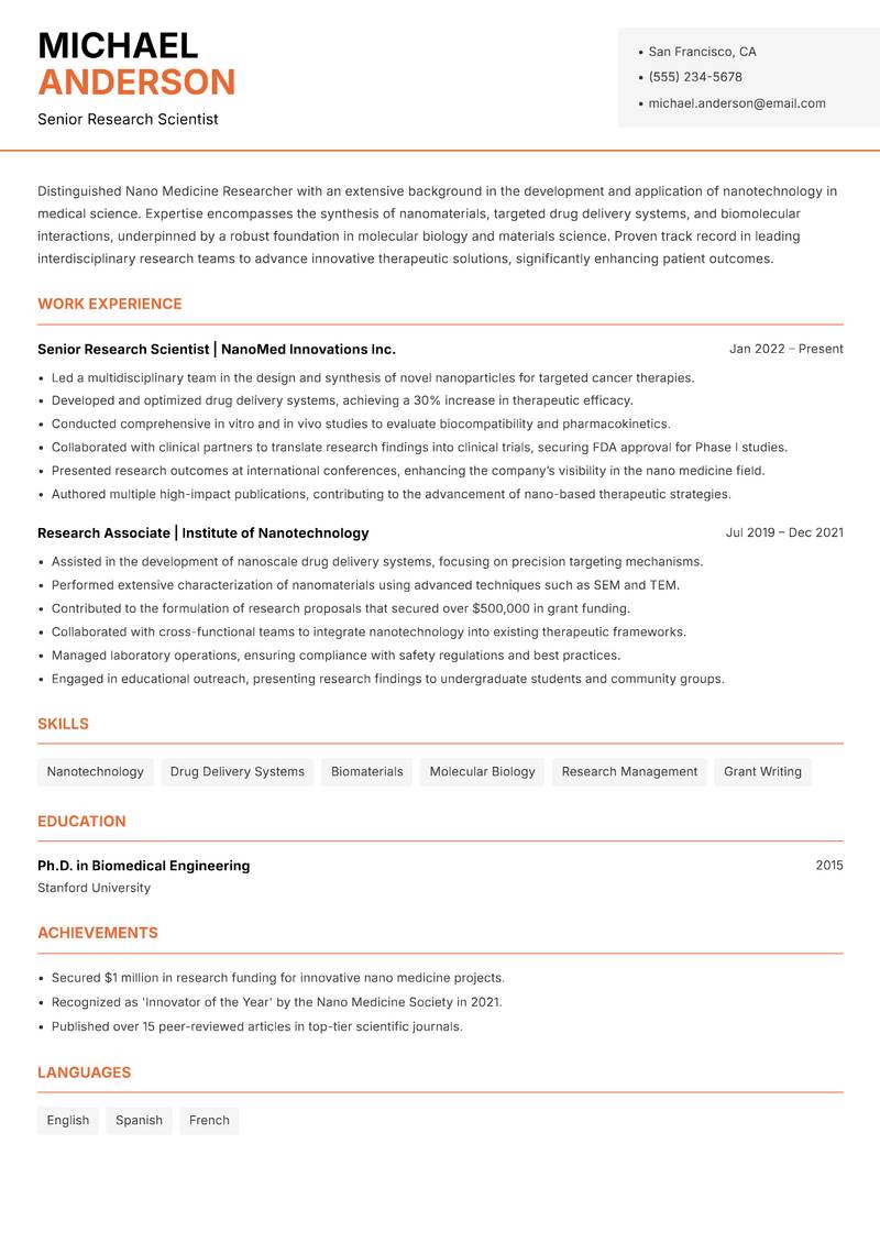 Nano Medicine Researcher Resume Template