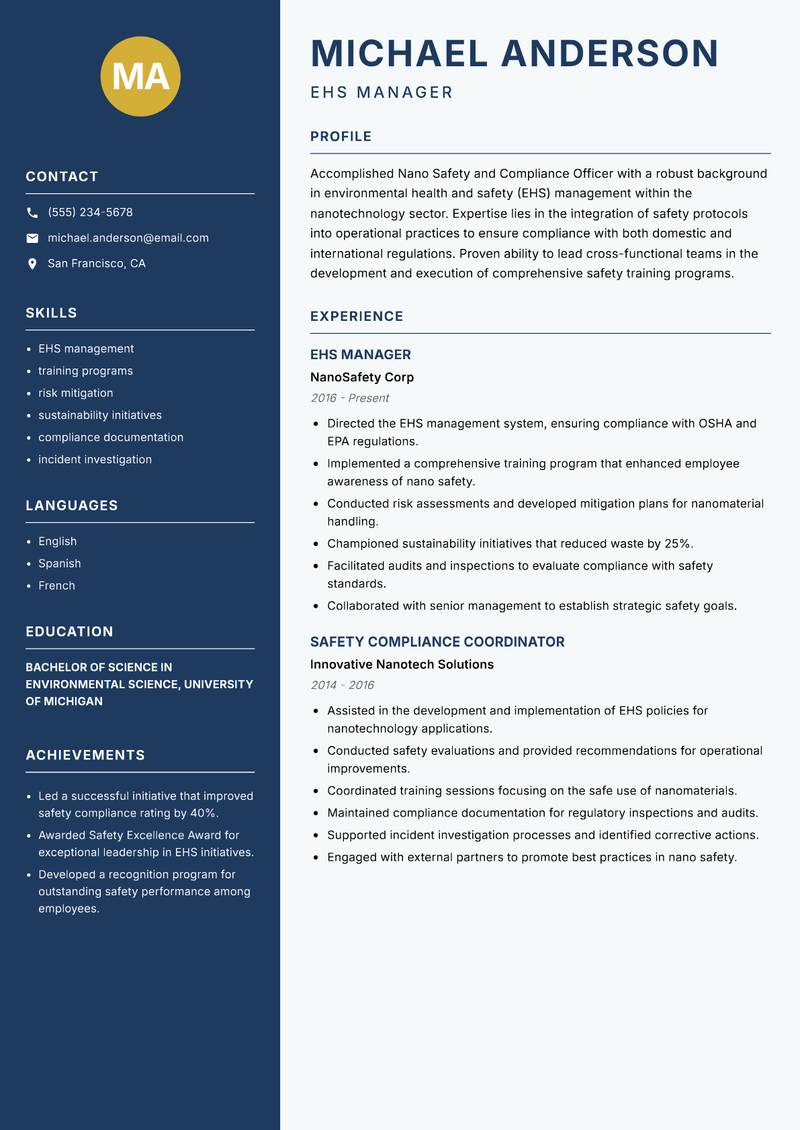 Nano Safety and Compliance Officer Resume Preview Example