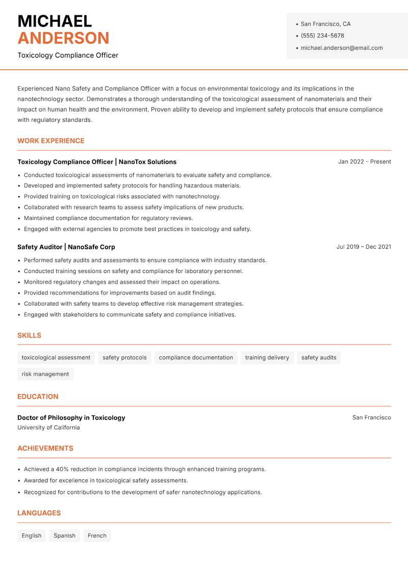 Nano Safety and Compliance Officer Resume Template