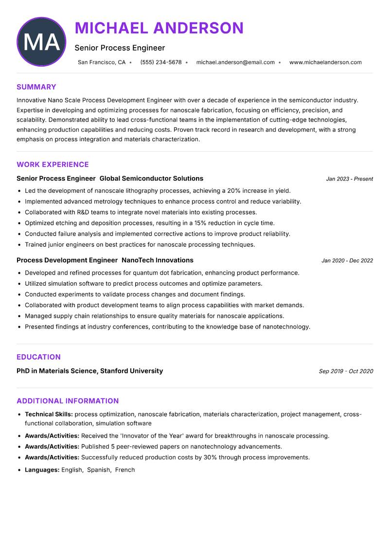 Nano Scale Process Development Engineer Resume Preview Example