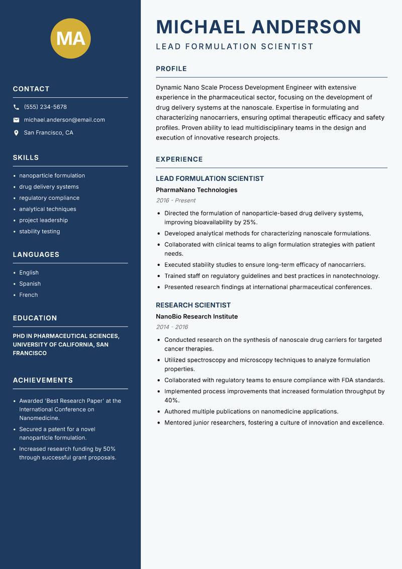 Nano Scale Process Development Engineer Resume Preview Example