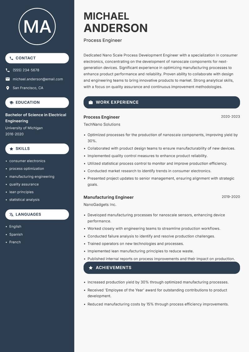 Nano Scale Process Development Engineer Resume Preview Example