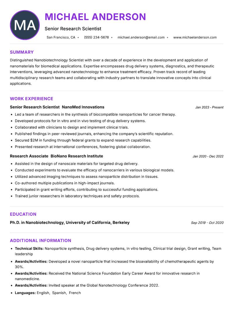 Nanobiotechnology Scientist Resume Preview Example