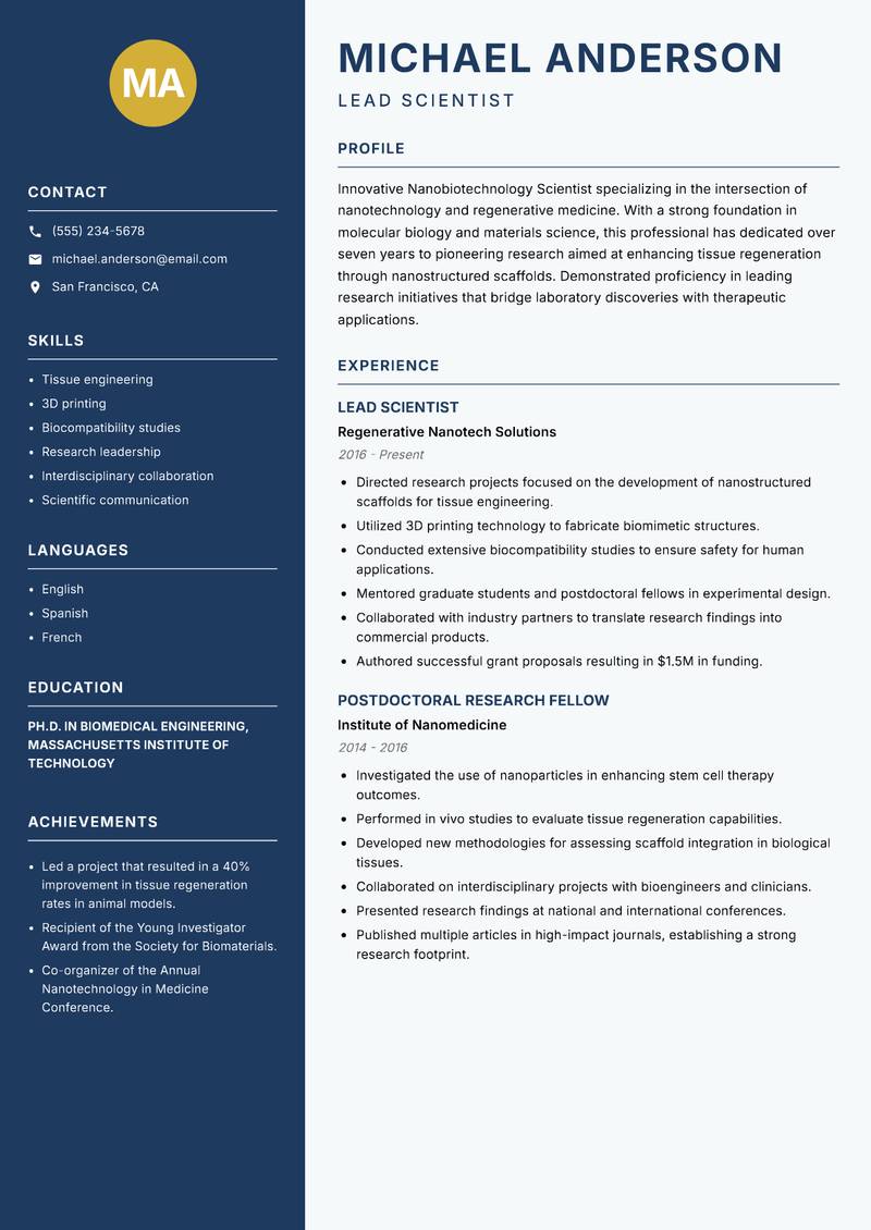 Nanobiotechnology Scientist Resume Preview Example
