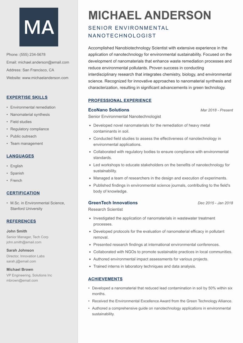 Nanobiotechnology Scientist Resume Preview Example