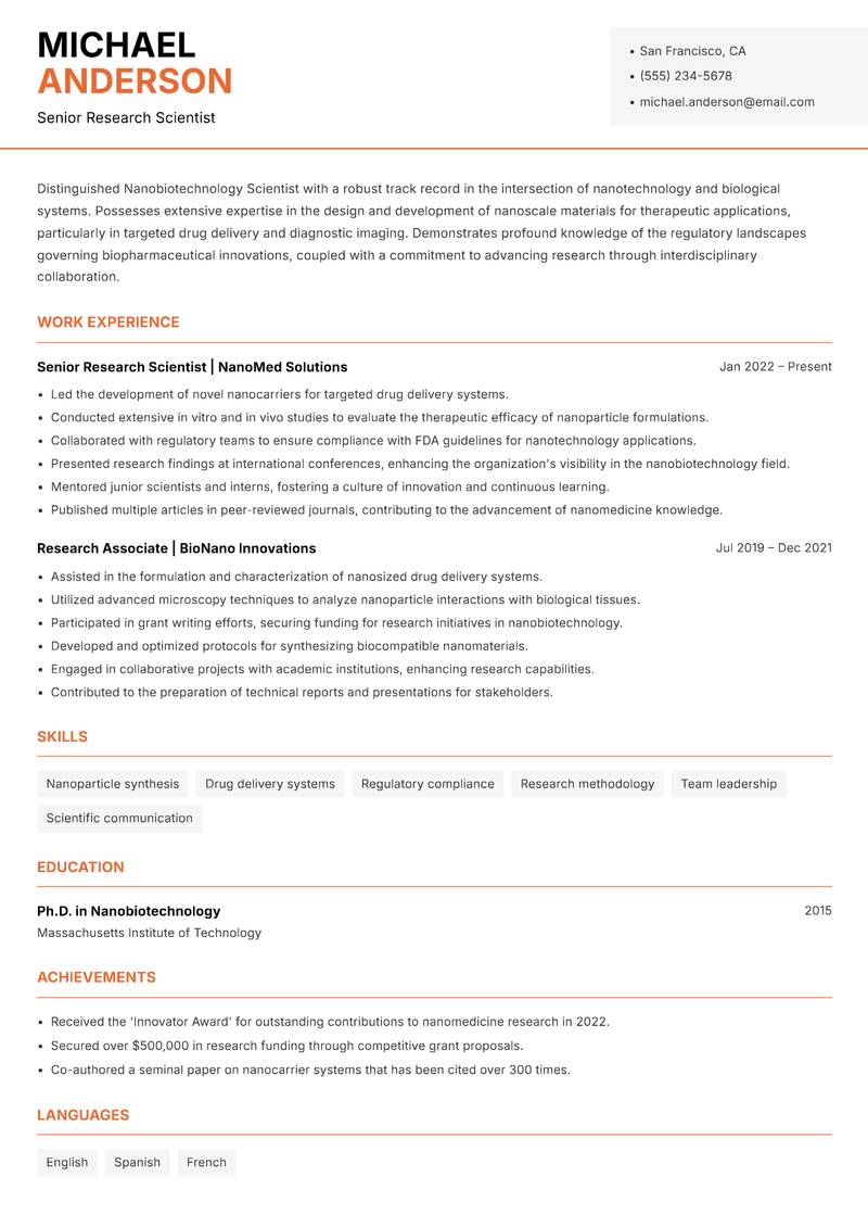Nanobiotechnology Scientist Resume Template