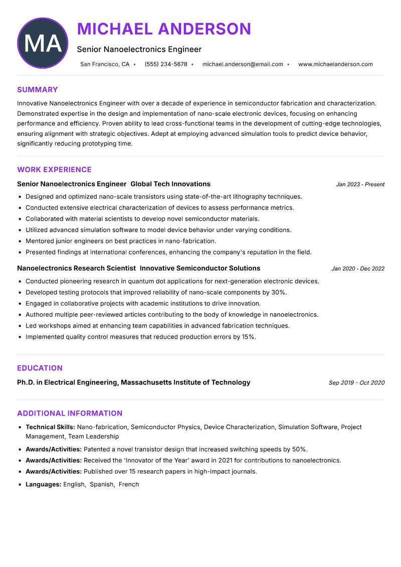 Nanoelectronics Engineer Resume Preview Example