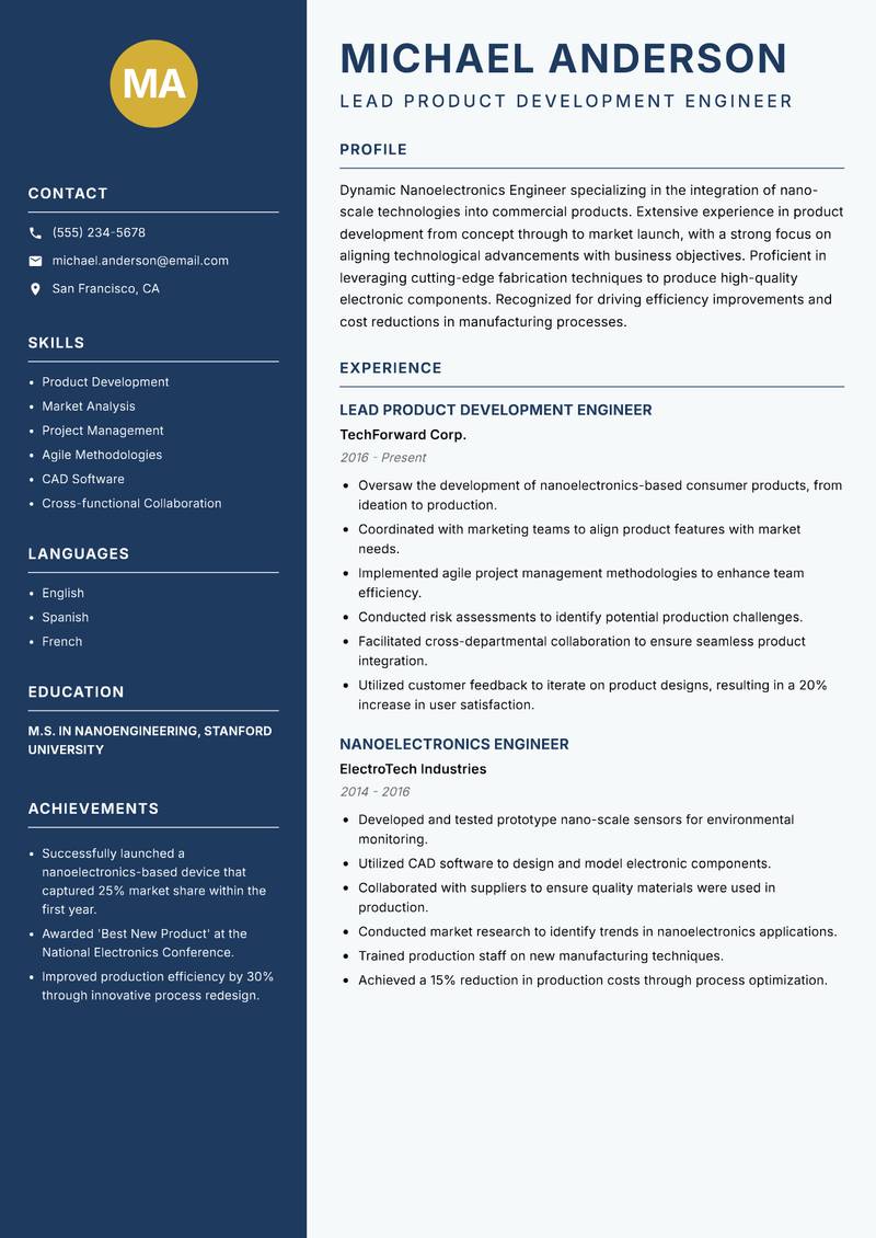 Nanoelectronics Engineer Resume Preview Example
