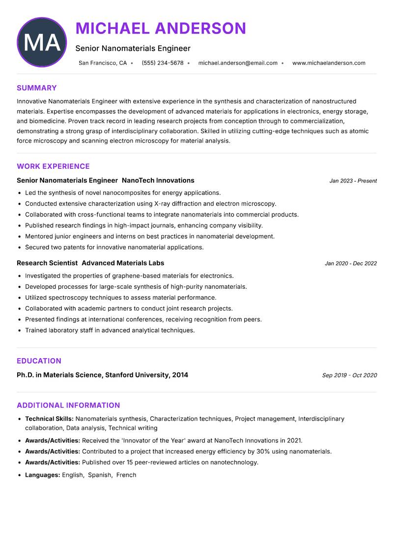 Nanomaterials Engineer Resume Preview Example